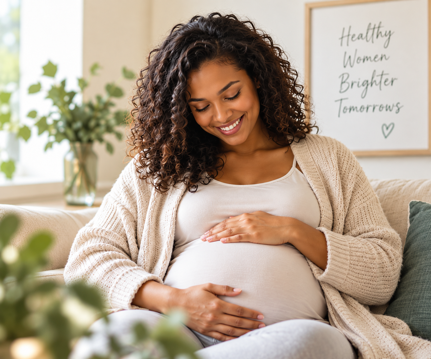 An expectant mother smiling with her hands resting on her belly